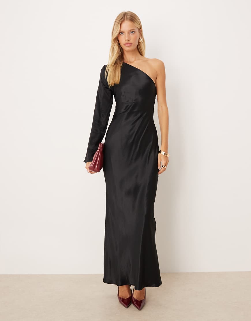 ASOS DESIGN - One-Shoulder-Maxikleid aus Satin in Schwarz mit Bindung am Rücken-Brown von ASOS DESIGN