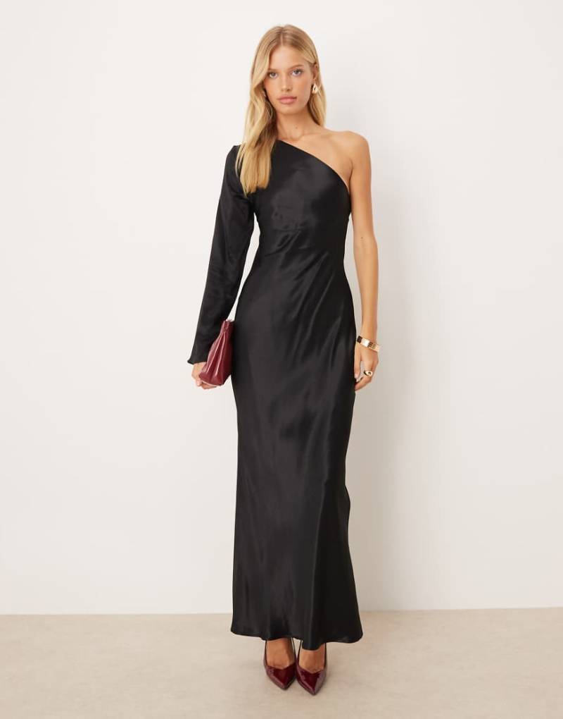 ASOS DESIGN - One-Shoulder-Maxikleid aus Satin in Schwarz mit Bindung am Rücken-Brown von ASOS DESIGN