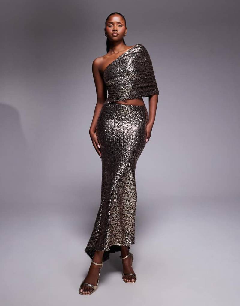 ASOS DESIGN - One-Shoulder-Maxikleid in Gold mit Pailletten und gerafftem Oberteil-Goldfarben von ASOS DESIGN