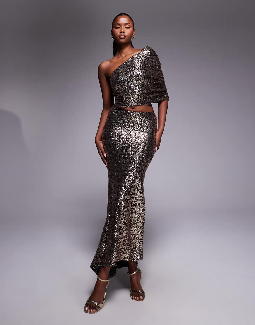 ASOS DESIGN - One-Shoulder-Maxikleid in Gold mit Pailletten und gerafftem Oberteil-Goldfarben von ASOS DESIGN