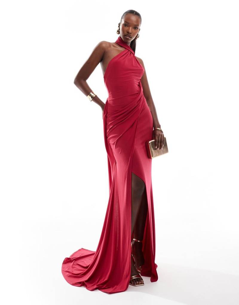 ASOS DESIGN - One-Shoulder-Maxikleid in Himbeerrot mit drapiertem Neckholder und Bindedetail-Rosa von ASOS DESIGN