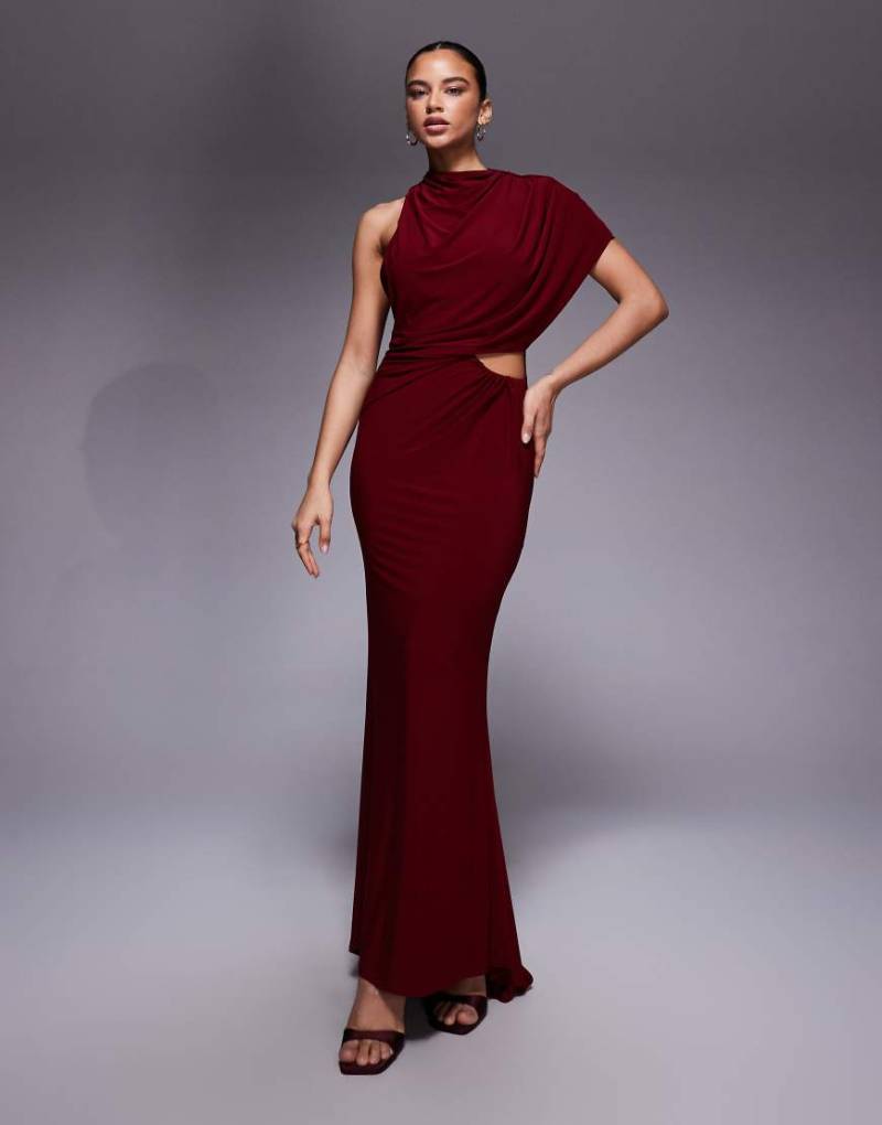 ASOS DESIGN - One-Shoulder-Maxikleid in Weinrot mit Cape-Detail, Zierausschnitt und Rückenausschnitt von ASOS DESIGN