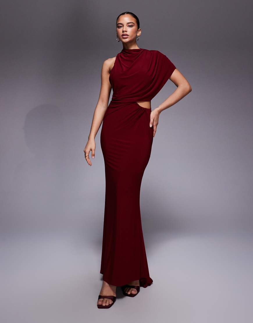 ASOS DESIGN - One-Shoulder-Maxikleid in Weinrot mit Cape-Detail, Zierausschnitt und Rückenausschnitt von ASOS DESIGN
