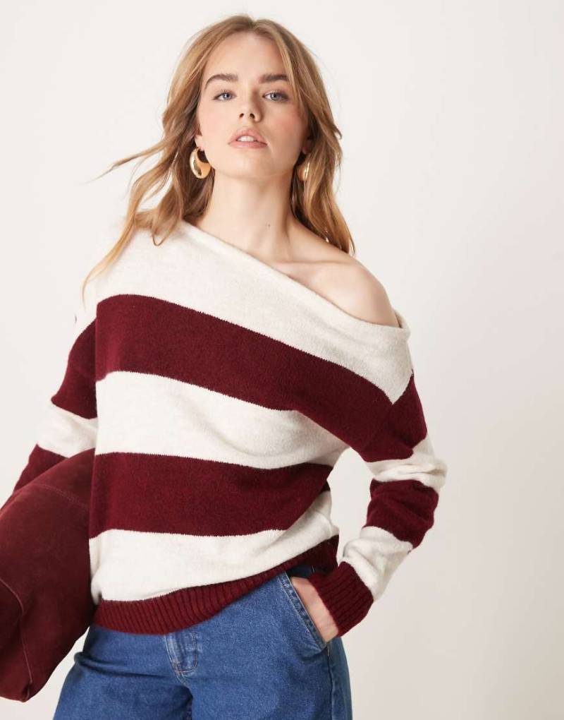 ASOS DESIGN - One-Shoulder-Strickpullover in Burgunderrot gestreift-Bunt von ASOS DESIGN