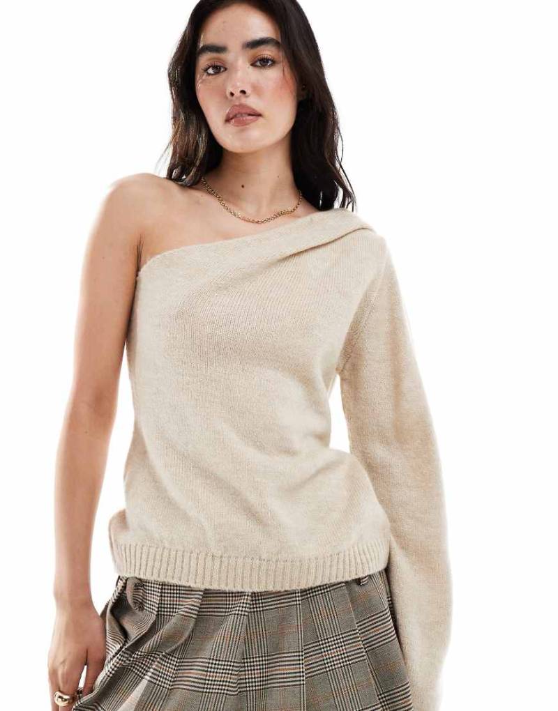 ASOS DESIGN - One-Shoulder-Strickpullover in Ecru mit Raffungen-Weiß von ASOS DESIGN