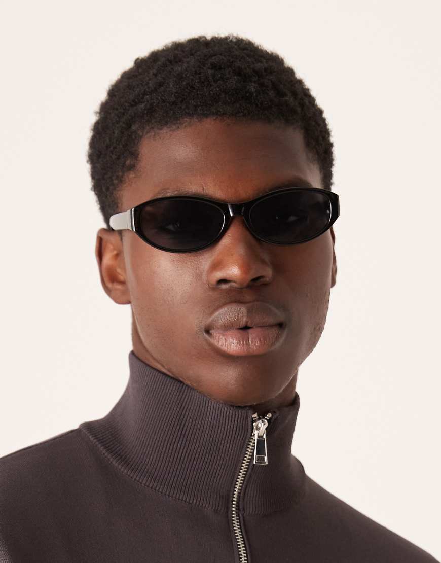 ASOS DESIGN - Ovale, schmale Sonnenbrille mit Rahmen und Gläsern in Schwarz von ASOS DESIGN