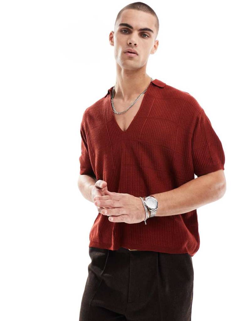 ASOS DESIGN - Kastiges Overhead-Hemd aus leichtem Strick in Dunkelrot kariert mit Oversize-Passform von ASOS DESIGN