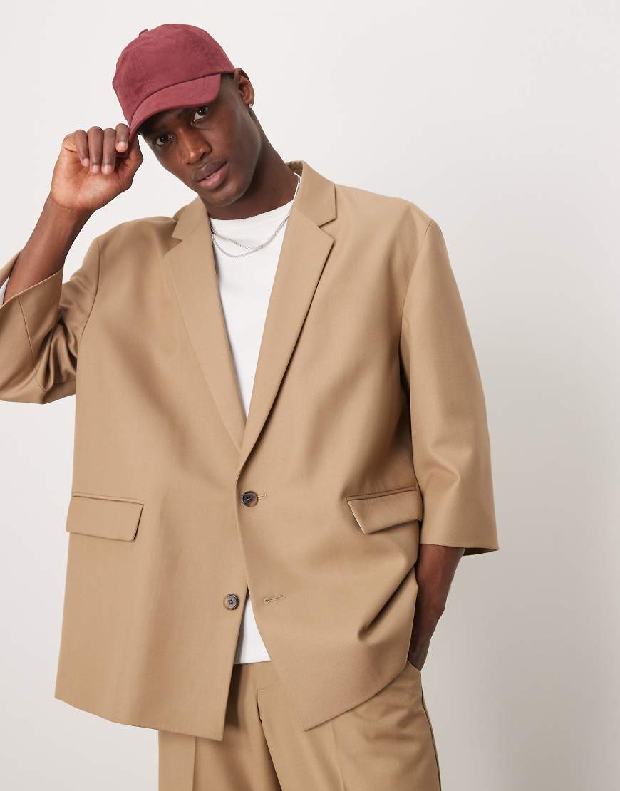 ASOS DESIGN - Oversize-Anzugjacke aus Leinenmix in Steinbeige meliert mit Halbärmeln-Neutral von ASOS DESIGN