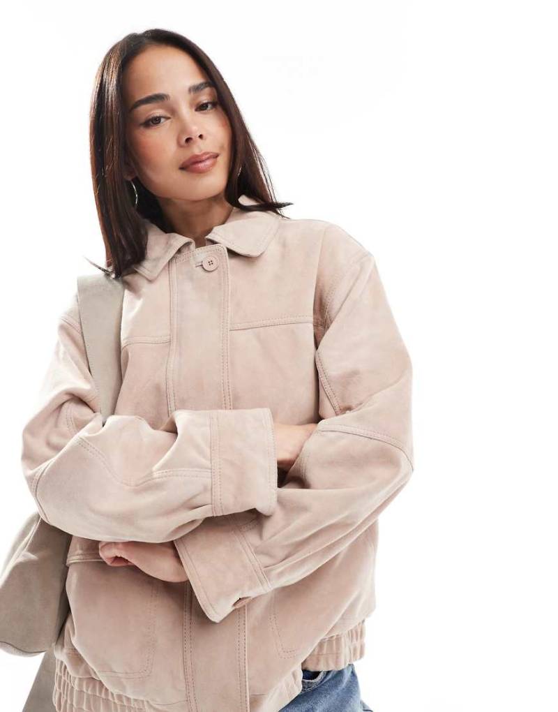 ASOS DESIGN - Oversize-Bomberjacke aus echtem Rauleder in Altrosa-Blau von ASOS DESIGN