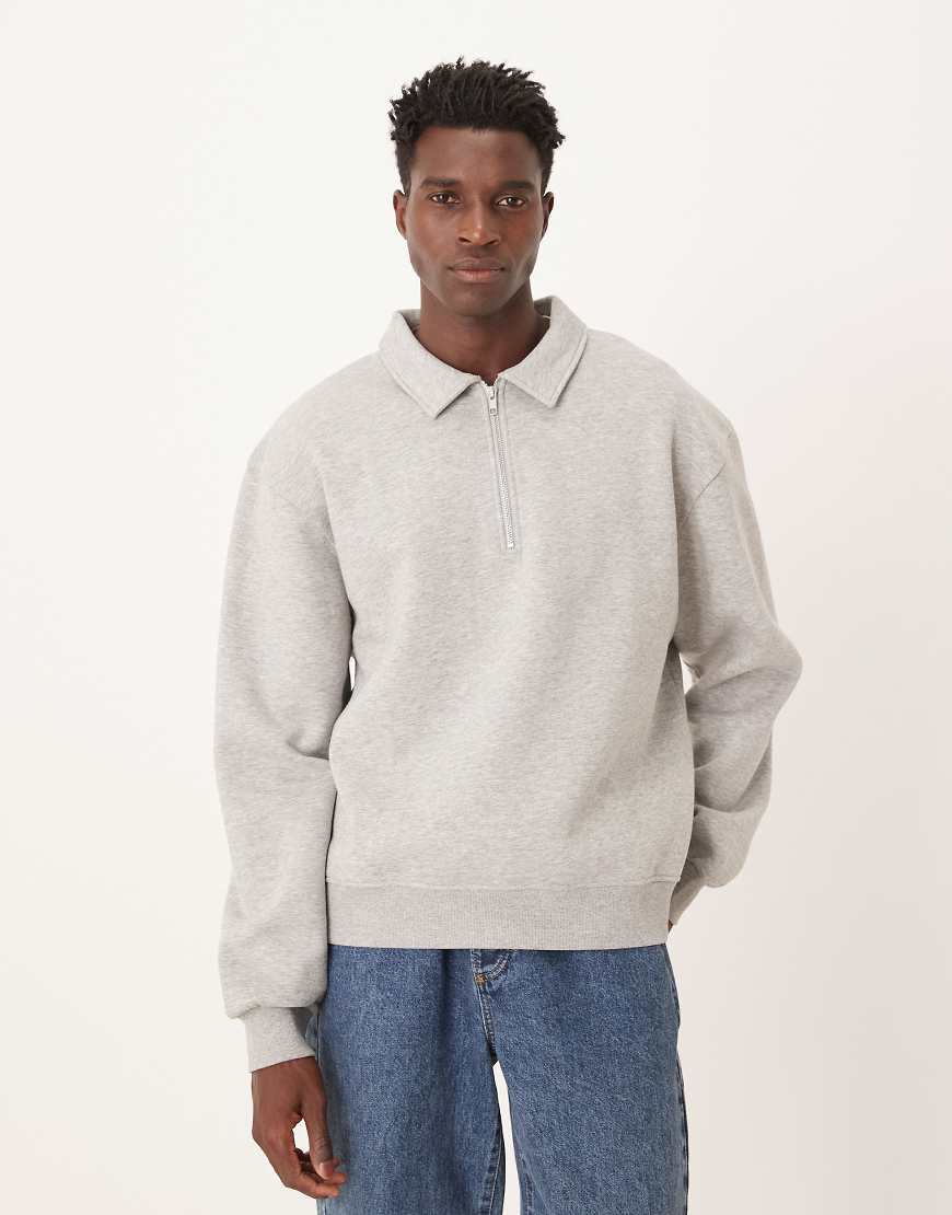 ASOS DESIGN - Oversize-Boxy-Fit-Sweatshirt in Grau meliert mit Reißverschluss und Kragen von ASOS DESIGN