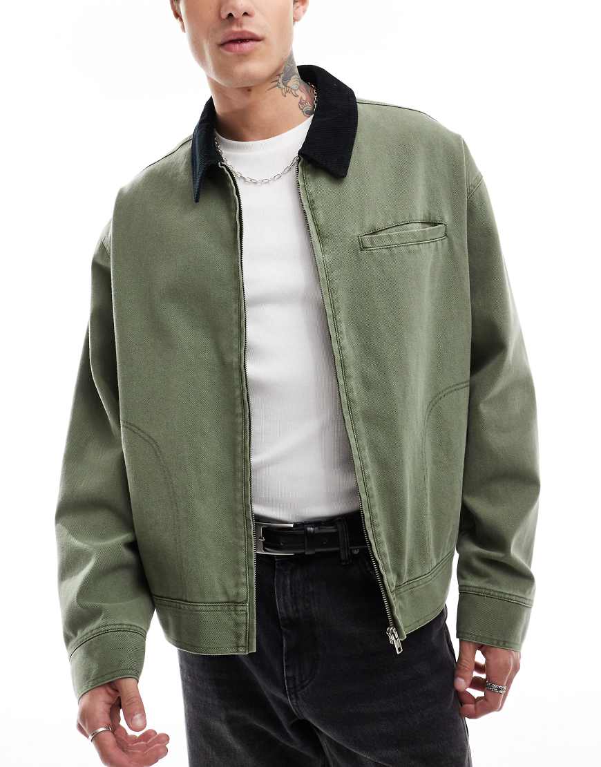 ASOS DESIGN - Oversize-Harrington-Jacke in verwaschenem Khaki mit Cordkragen-Grün von ASOS DESIGN