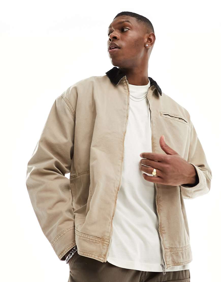 ASOS DESIGN - Oversize-Harrington-Jacke in verwaschenem Steinbeige mit Cord-Kragen-Neutral ASOS DESIGN - Oversize-Harrington-Jacke in verwaschenem Steinbeige mit Cord-Kragen-Neutral von ASOS DESIGN