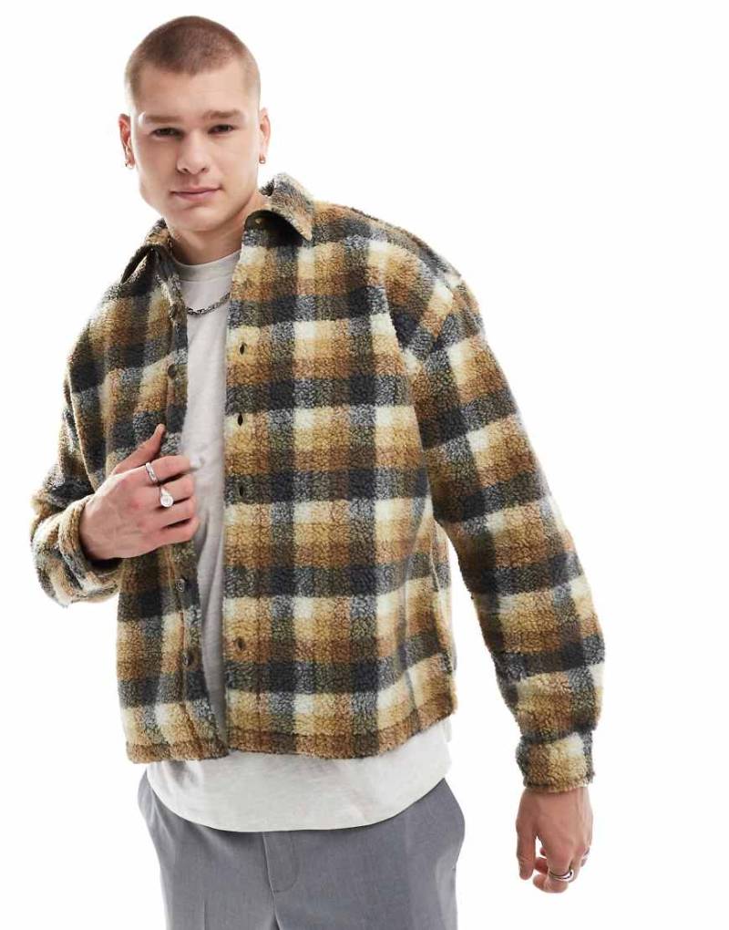 ASOS DESIGN - Oversize-Hemd mit neutralem Teddyfell-Karo im 90er-Stil-Gelb von ASOS DESIGN