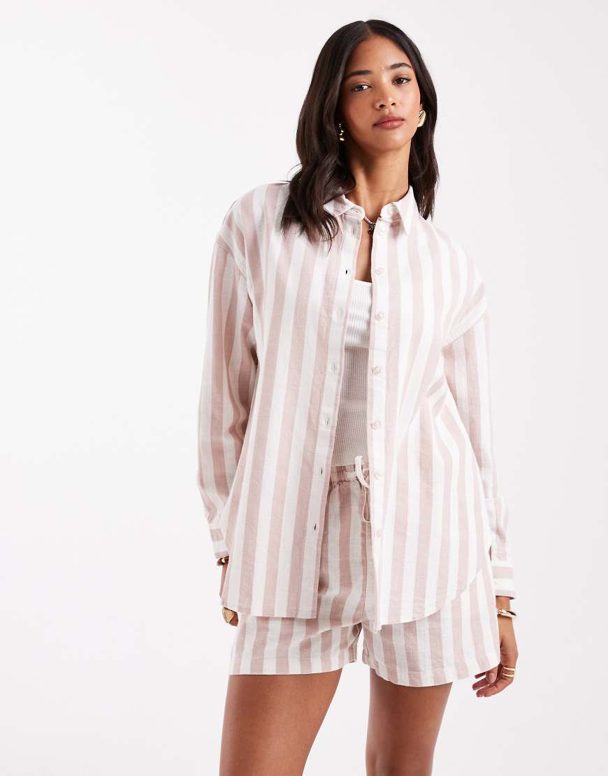 ASOS DESIGN - Oversize-Hemd in Leinenoptik mit Streifen in Nerzrosa, Kombiteil-Bunt von ASOS DESIGN