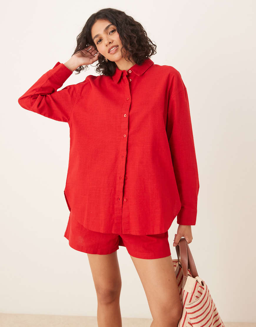 ASOS DESIGN - Oversize-Hemdbluse in roter Leinenoptik, Kombiteil von ASOS DESIGN