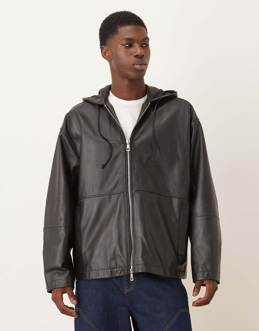 ASOS DESIGN - Oversize-Jacke aus Echtleder in Schwarz mit Reißverschluss und Kapuze von ASOS DESIGN