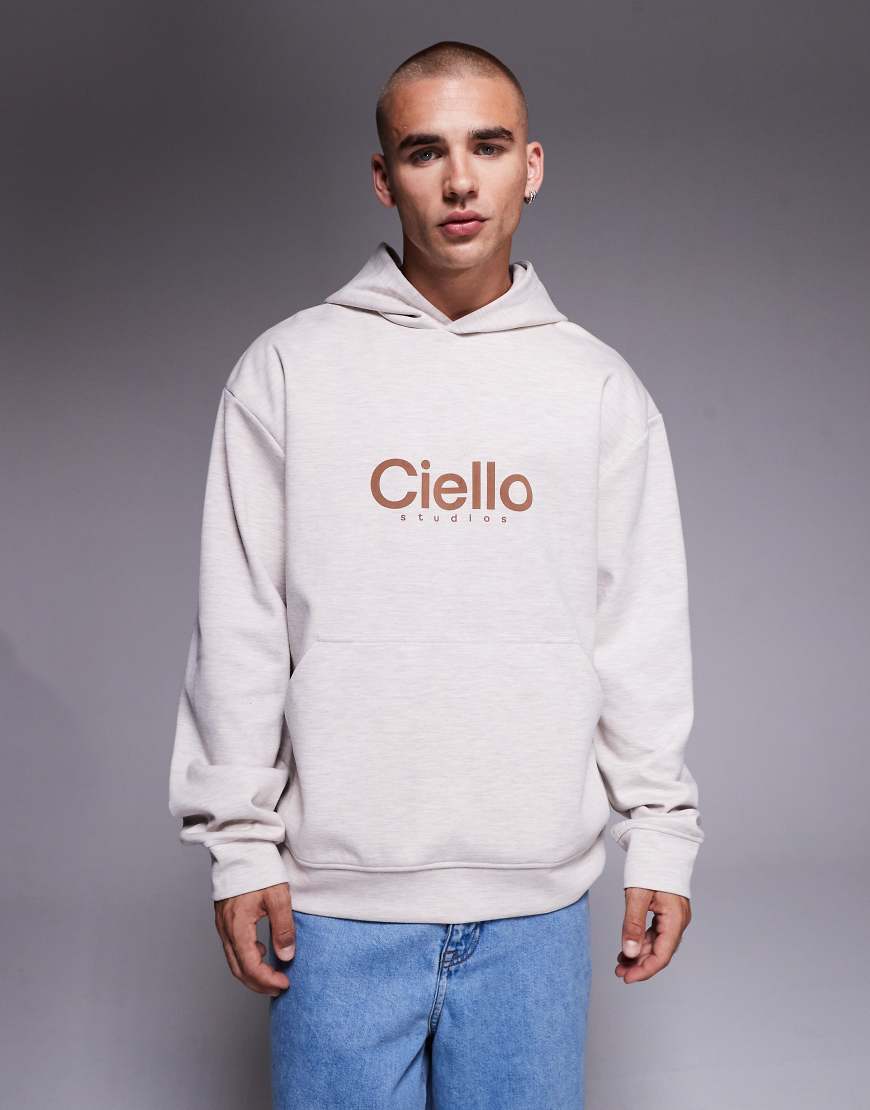 ASOS DESIGN - Oversize-Kapuzenpullover aus Neopren in hafergrau meliert mit Brustprint-Neutral von ASOS DESIGN