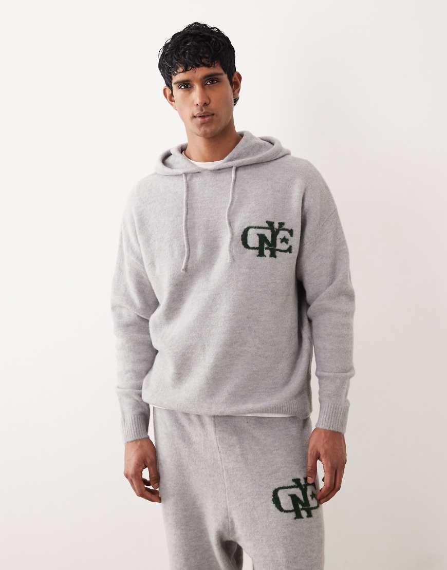 ASOS DESIGN - Oversize-Kapuzenpullover aus Strickmaterial in Grau mit NYC-Logo auf der Brust, Kombiteil von ASOS DESIGN