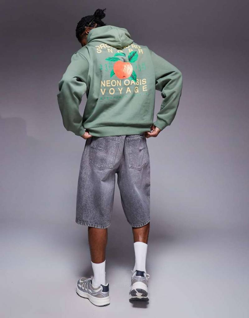 ASOS DESIGN - Oversize-Kapuzenpullover in Khaki mit Orangen-Rückenprint-Grün von ASOS DESIGN