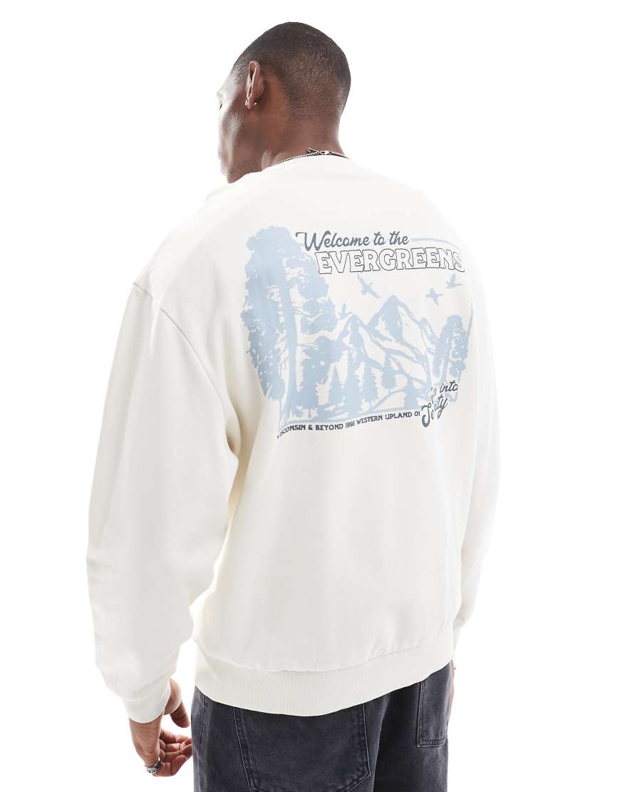 ASOS DESIGN - Oversize-Kapuzenpullover in gebrochenem Weiß mit Landschafts-Rückenprint-Grau ASOS DESIGN - Oversize-Kapuzenpullover in gebrochenem Weiß mit Landschafts-Rückenprint-Grau von ASOS DESIGN