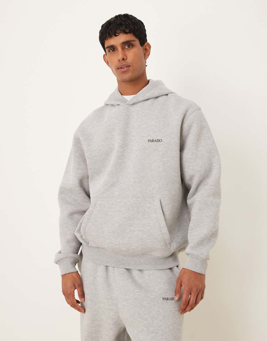 ASOS DESIGN - Oversize-Kapuzenpullover in grau meliert mit Brustprint, Kombiteil von ASOS DESIGN