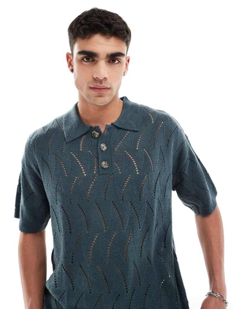 ASOS DESIGN - Oversize-Polohemd aus Pointelle-Strick in Blaugrün-Grau von ASOS DESIGN