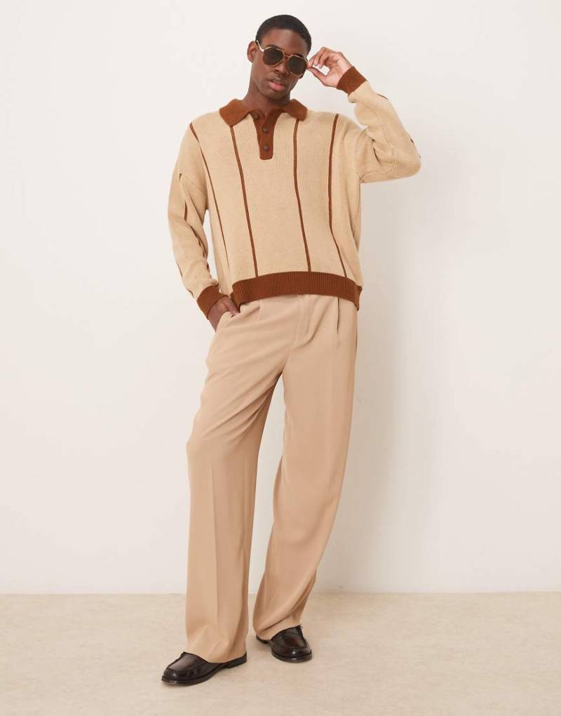 ASOS DESIGN - Oversize-Polohemd aus Strick in Beige mit hellbraunen Streifen-Neutral von ASOS DESIGN
