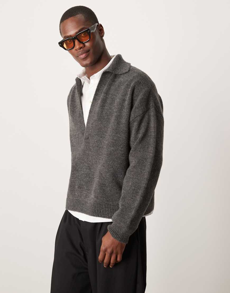 ASOS DESIGN - Oversize-Pullover in Anthrazit aus Strick mit Polokragen und Einkerbung am Ausschnitt-Grau von ASOS DESIGN