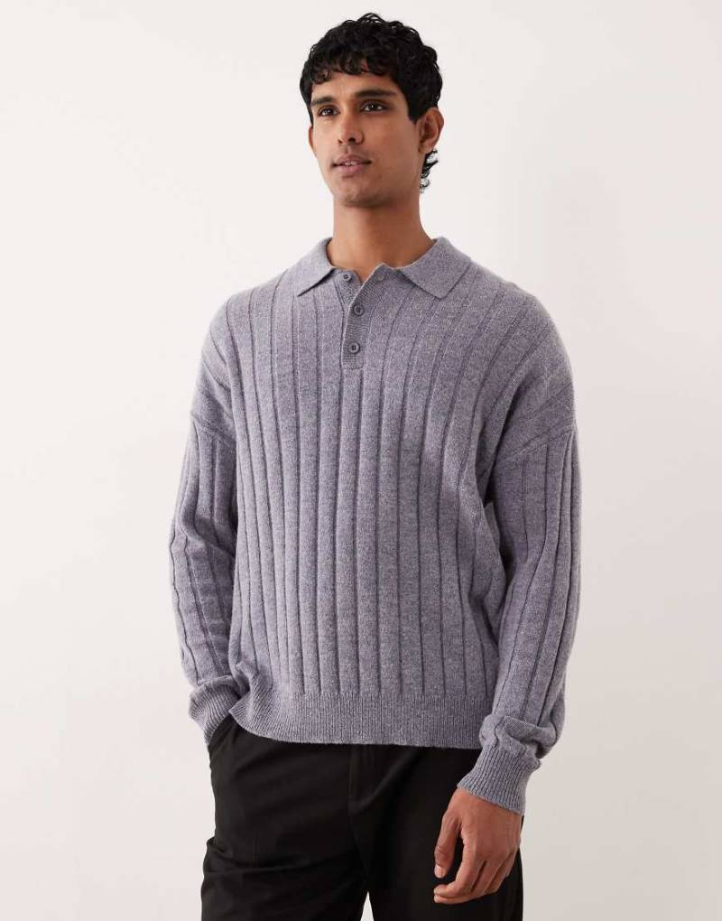 ASOS DESIGN - Oversize-Poloshirt aus Lammwoll-Rippstrick in grau meliert von ASOS DESIGN