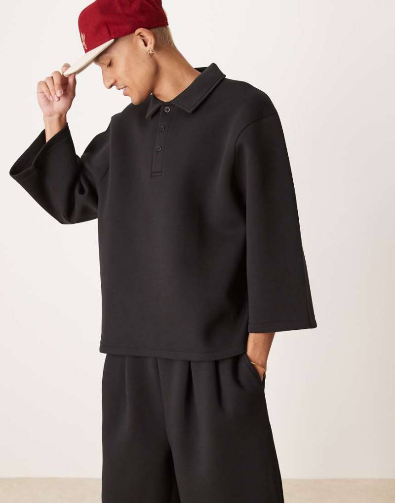 ASOS DESIGN - Oversize-Poloshirt aus neoprenartigem Stoff in Schwarz mit 3/4-Ärmeln, Kombiteil von ASOS DESIGN