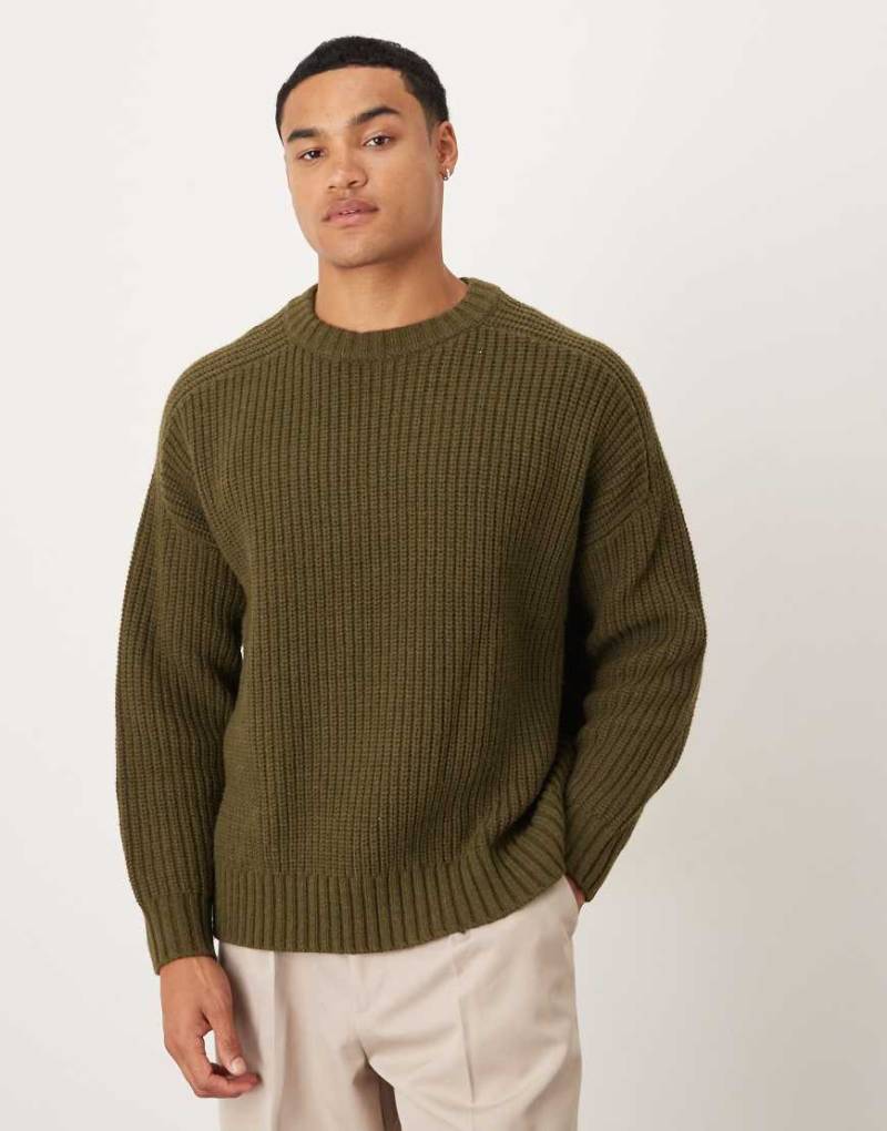 ASOS DESIGN - Oversize-Pullover aus schwerem Strick-Wollgemisch in meliertem Khaki mit Rippenmuster-Grün von ASOS DESIGN