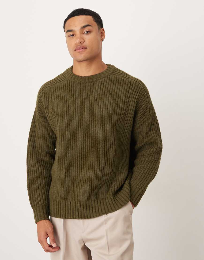 ASOS DESIGN - Oversize-Pullover aus schwerem Strick-Wollgemisch in meliertem Khaki mit Rippenmuster-Grün von ASOS DESIGN