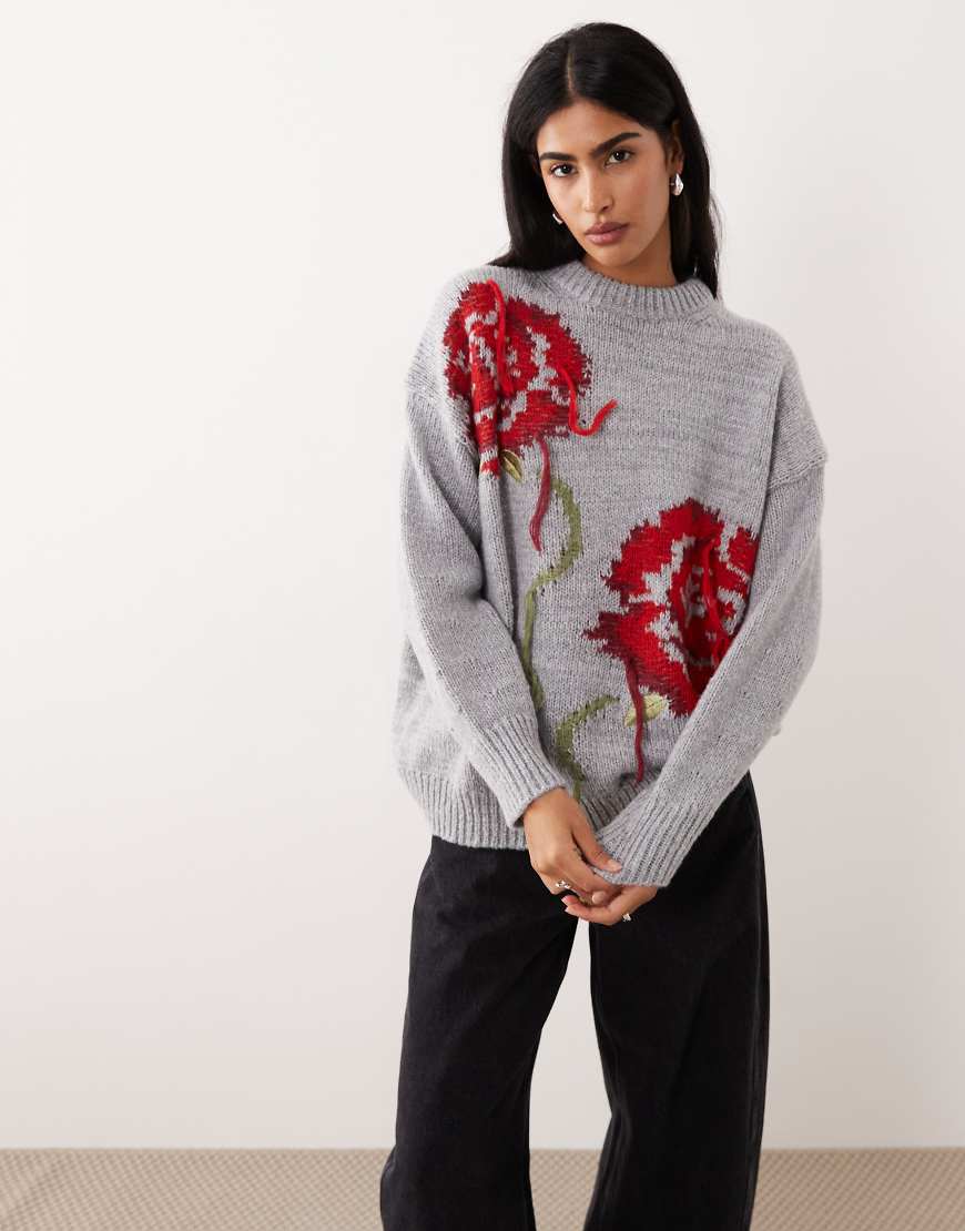 ASOS DESIGN - Oversize-Pullover in Grau mit Rosenmotiv von ASOS DESIGN