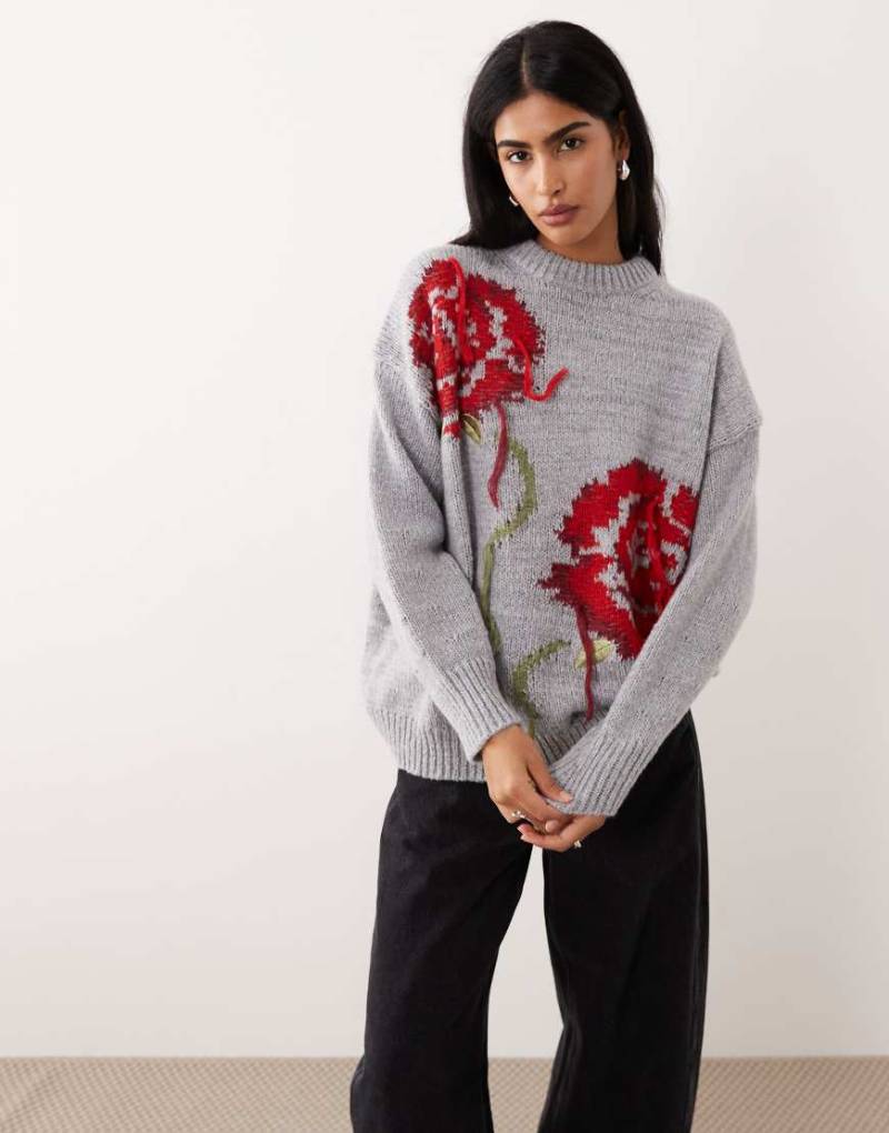 ASOS DESIGN - Oversize-Pullover in Grau mit Rosenmotiv von ASOS DESIGN
