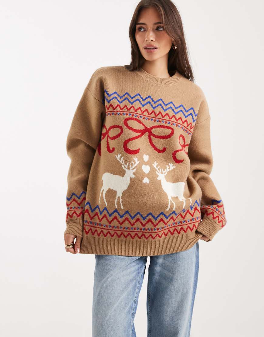 ASOS DESIGN - Oversize-Pullover in Kamelbraun mit Rentier- und Schleifenmotiv-Brown von ASOS DESIGN