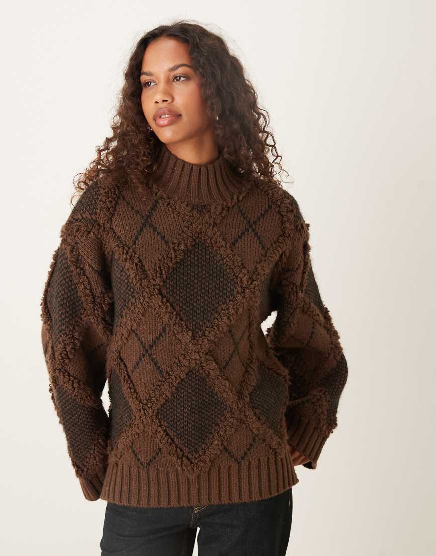 ASOS DESIGN - Oversize-Pullover in Schokobraun mit Fransen-Karomuster-Brown von ASOS DESIGN