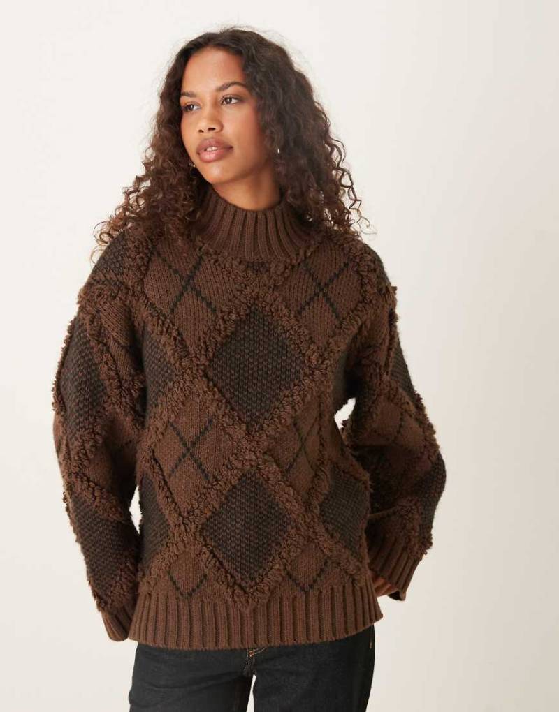ASOS DESIGN - Oversize-Pullover in Schokobraun mit Fransen-Karomuster-Brown von ASOS DESIGN