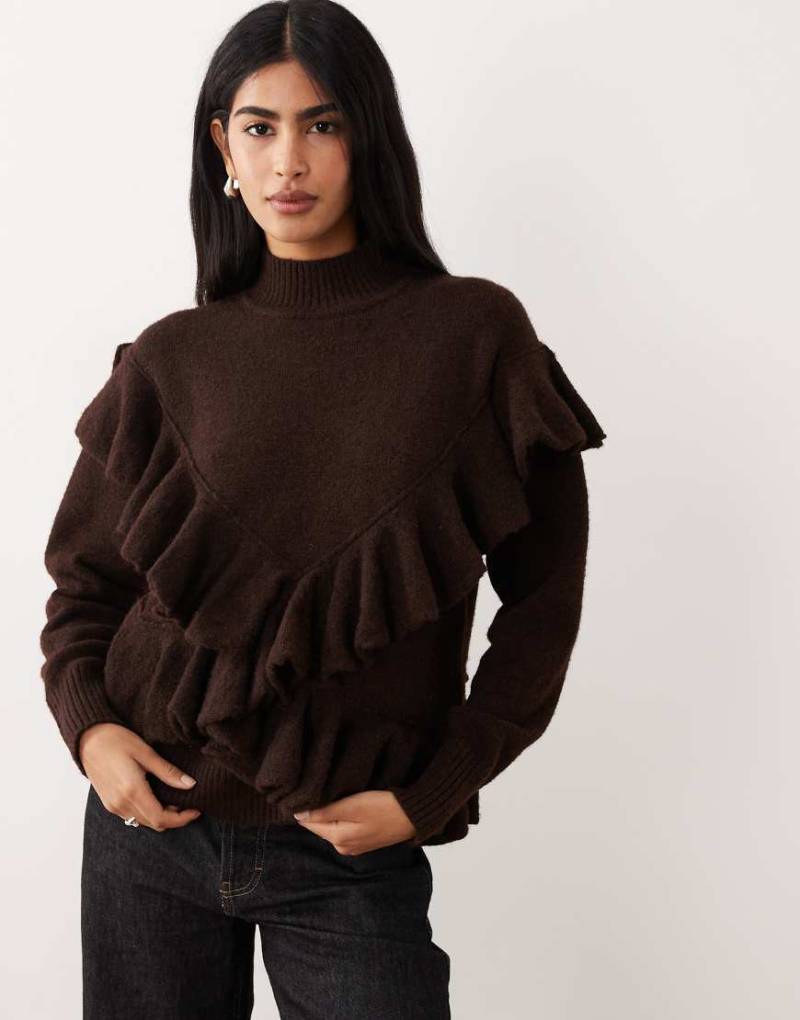ASOS DESIGN - Oversize-Pullover in Schokobraun mit Rüschen und Stehkragen-Brown von ASOS DESIGN