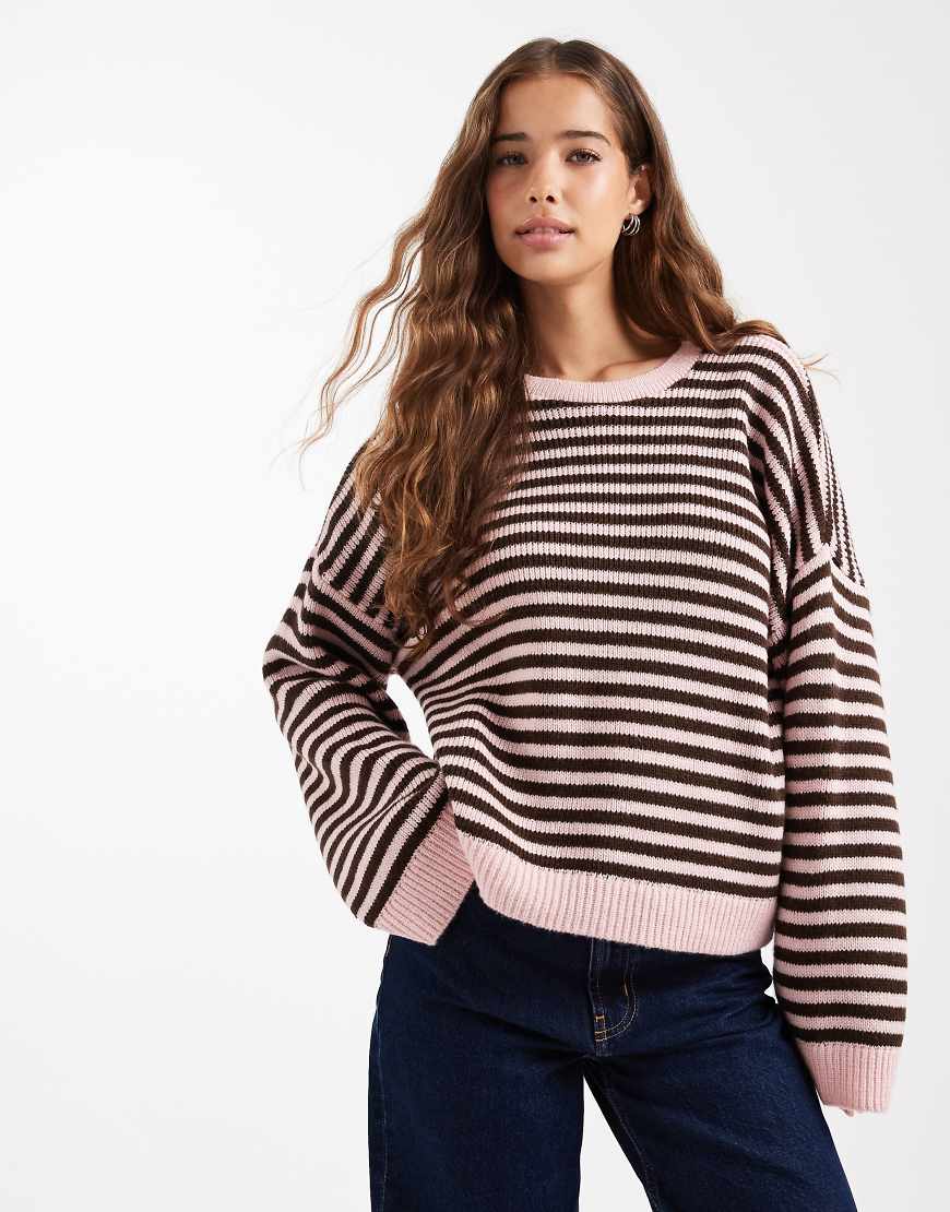 ASOS DESIGN - Oversize-Pullover mit Streifen in Schokobraun und Rosa-Bunt von ASOS DESIGN