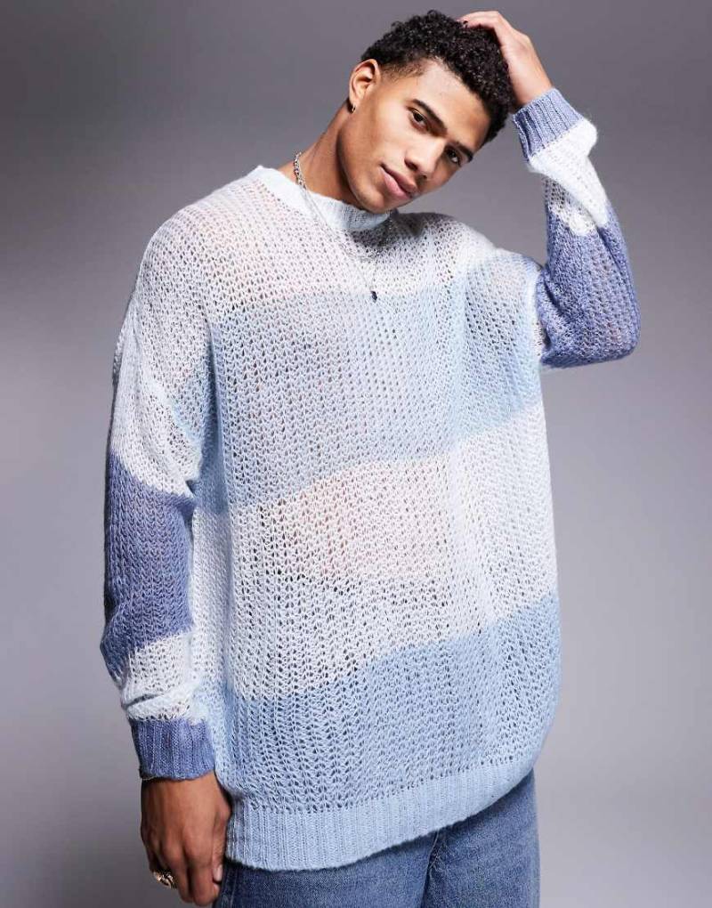 ASOS DESIGN - Oversize-Strickpullover mit durchbrochenem Strickmuster, Rundhalsausschnitt und blauer Streifenstruktur von ASOS DESIGN