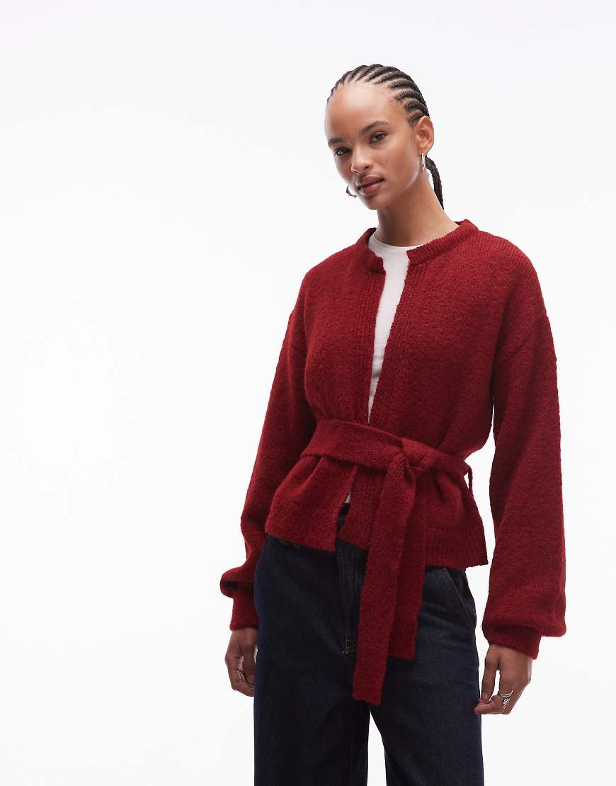 ASOS DESIGN - Oversize-Strickjacke mit Wollanteil in Rot und Bindegürtel in der Taille-Lila von ASOS DESIGN