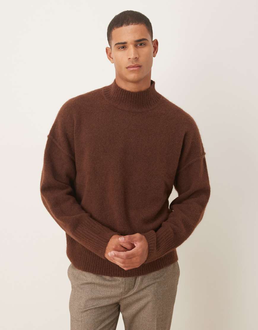 ASOS DESIGN - Oversize-Strickpullover aus Wollmix in Braun mit Stehkragen-Grau von ASOS DESIGN