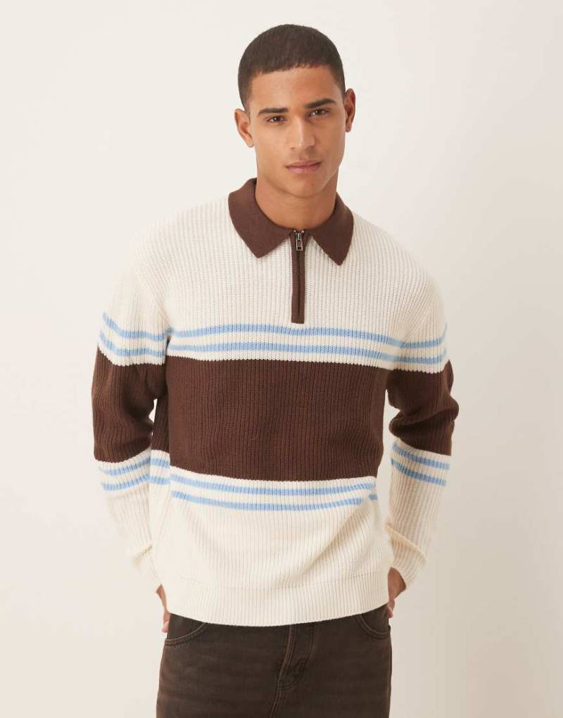 ASOS DESIGN - Oversize-Strickpullover in Beige mit Polokragen und braunen Streifen-Bunt von ASOS DESIGN