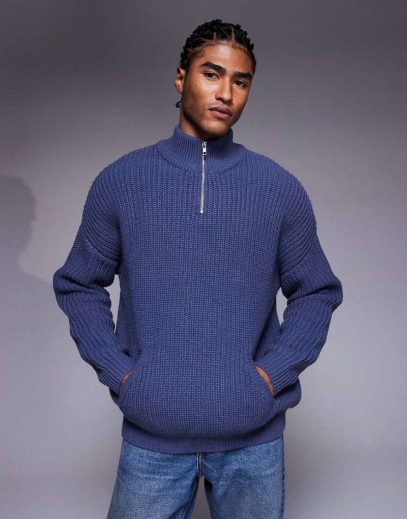 ASOS DESIGN - Oversize-Strickpullover in Marineblau mit kurzem Reißverschluss von ASOS DESIGN