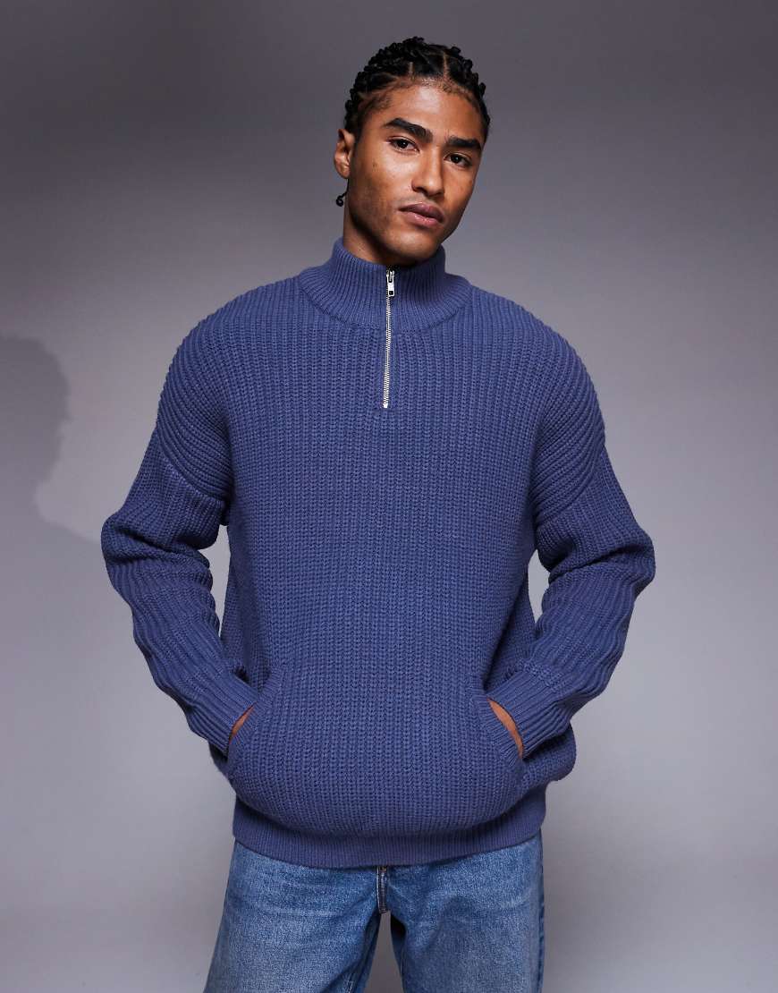 ASOS DESIGN - Oversize-Strickpullover in Marineblau mit kurzem Reißverschluss von ASOS DESIGN