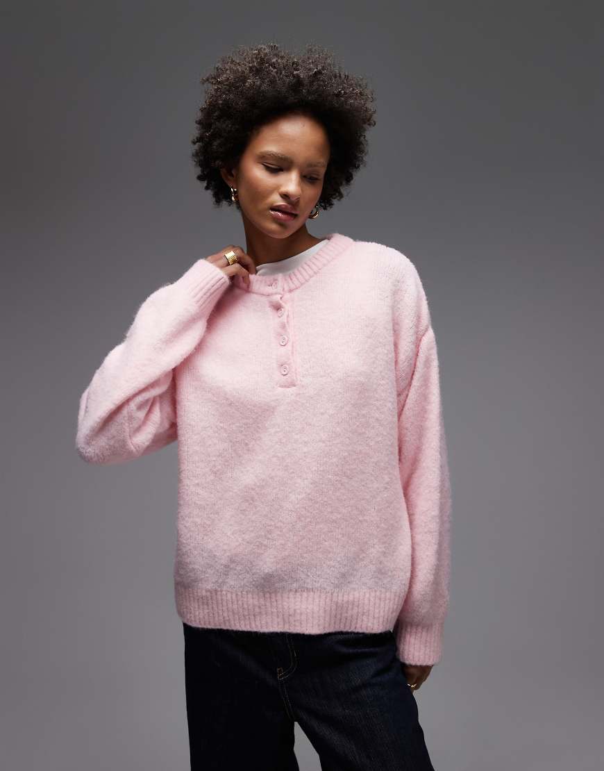 ASOS DESIGN - Oversize-Strickpullover in Rosa mit Wollanteil und Henley-Kragen ASOS DESIGN - Oversize-Strickpullover in Rosa mit Wollanteil und Henley-Kragen von ASOS DESIGN