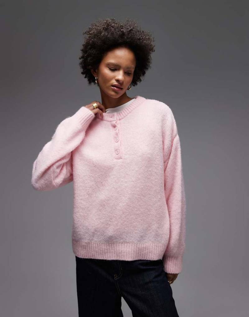 ASOS DESIGN - Oversize-Strickpullover in Rosa mit Wollanteil und Henley-Kragen von ASOS DESIGN
