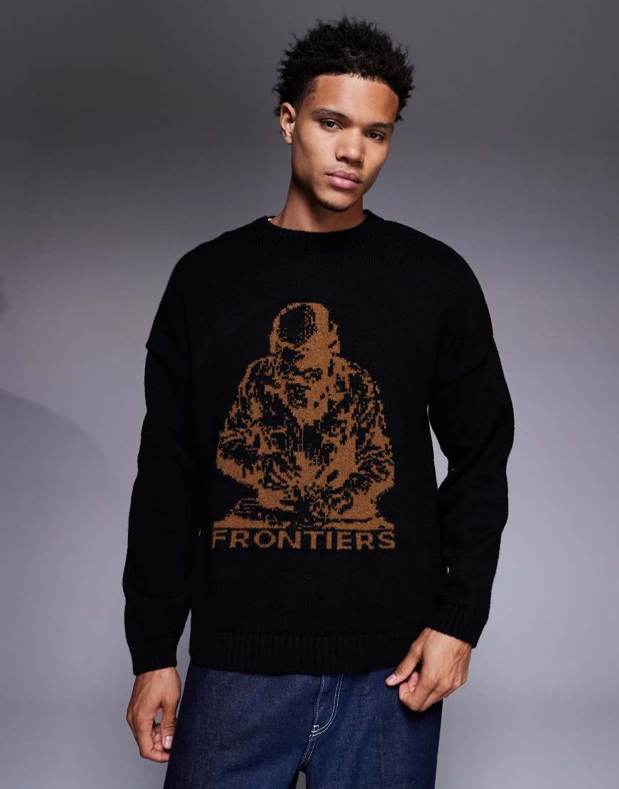 ASOS DESIGN - Oversize-Strickpullover in Schwarz mit Frontiers-Grafik von ASOS DESIGN