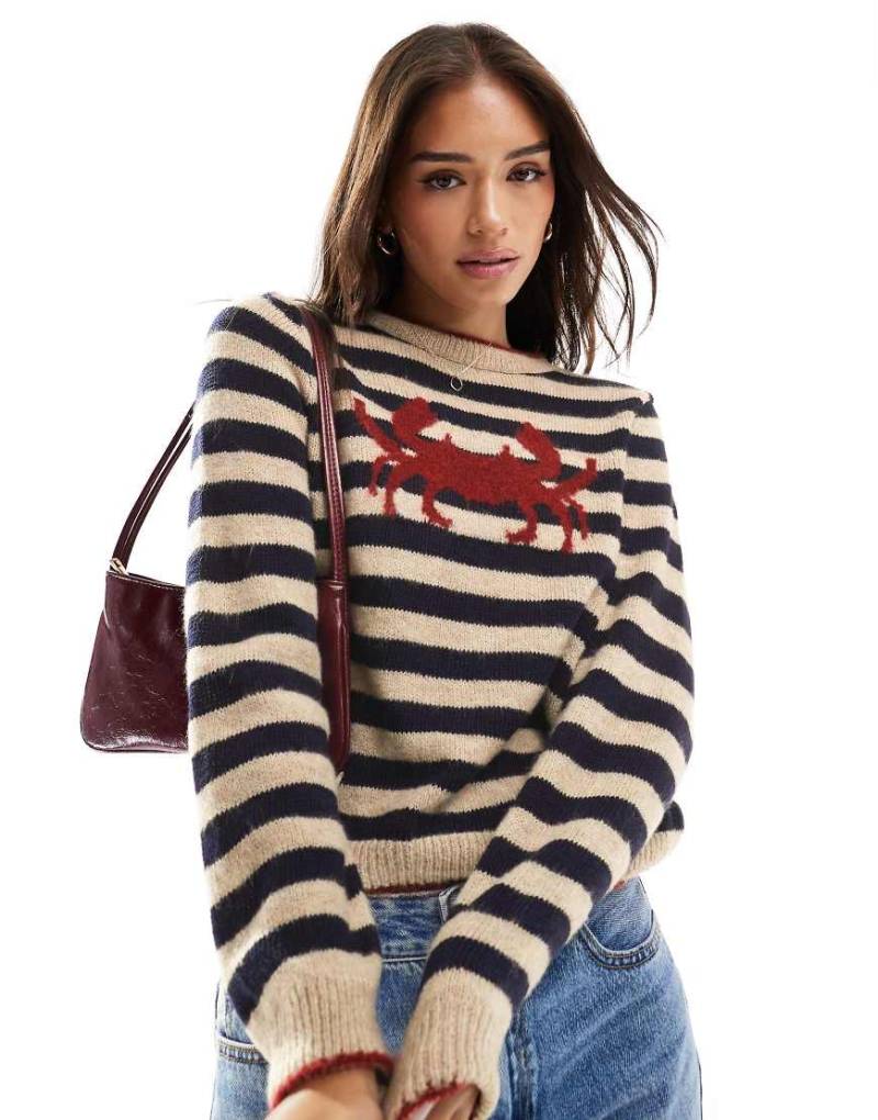 ASOS DESIGN - Oversize-Strickpullover in gestreiftem Blau mit Krabben-Motiv-Bunt von ASOS DESIGN