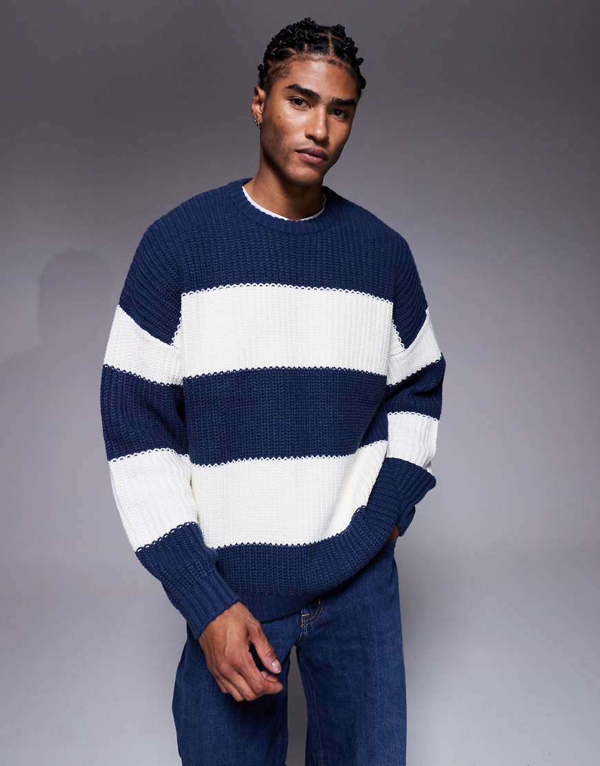 ASOS DESIGN - Oversize-Strickpullover in marineblau und ecru gestreift mit Rundhalsausschnitt-Bunt von ASOS DESIGN
